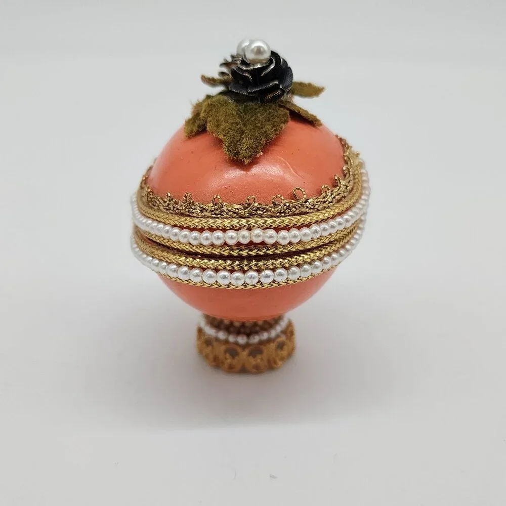 Decorative Egg Shaped Jewelry Trinket Box Faux Pearl Velvet Floral 2.5